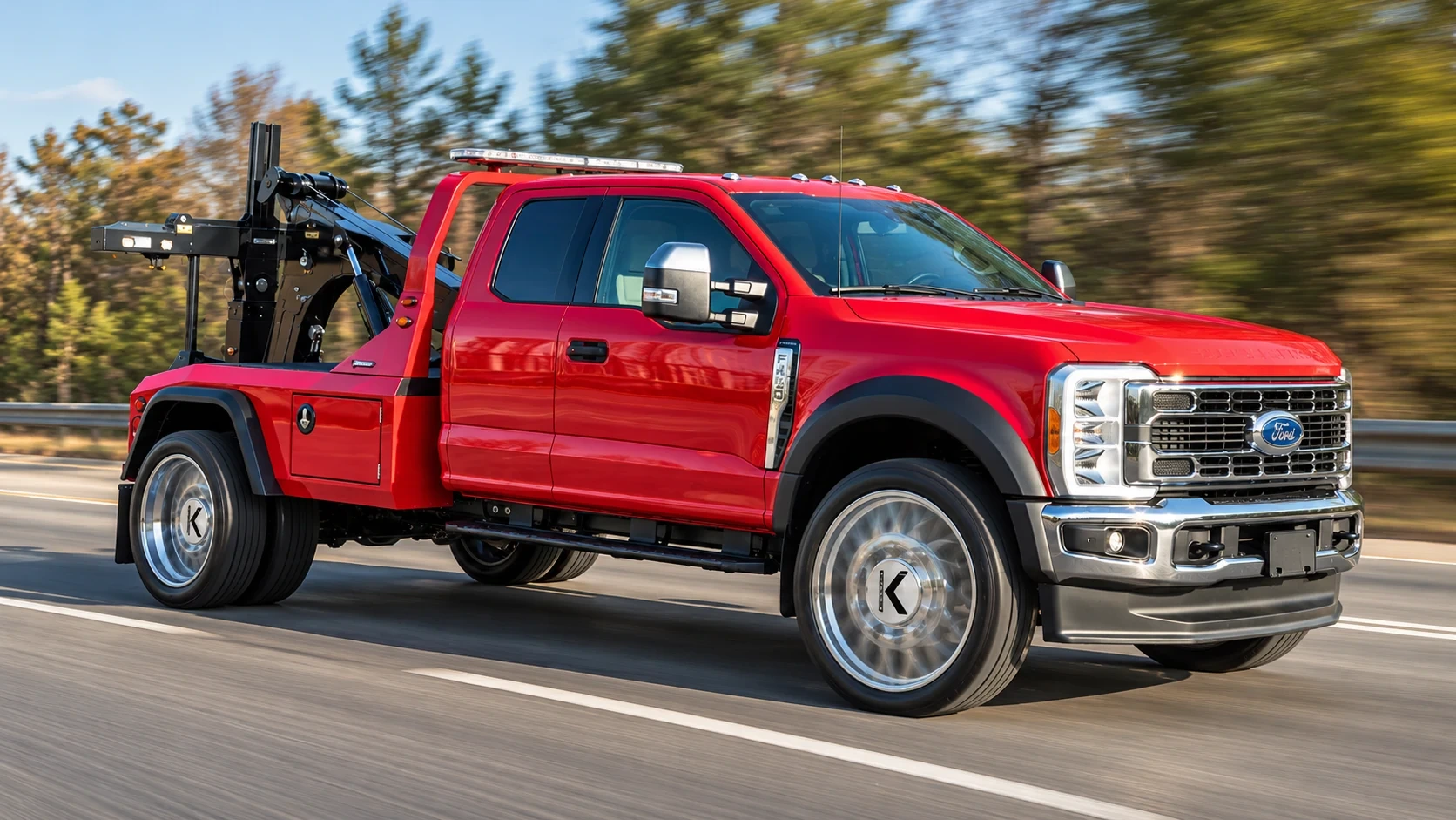 Red commercial tow truck rolling down the road